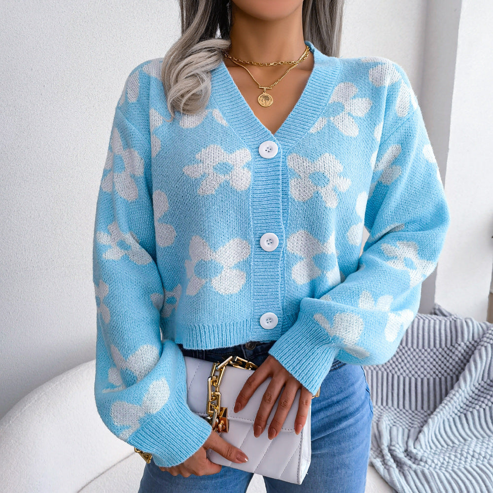 Damenmode-Pullover mit Blumenmuster und Laternenärmeln