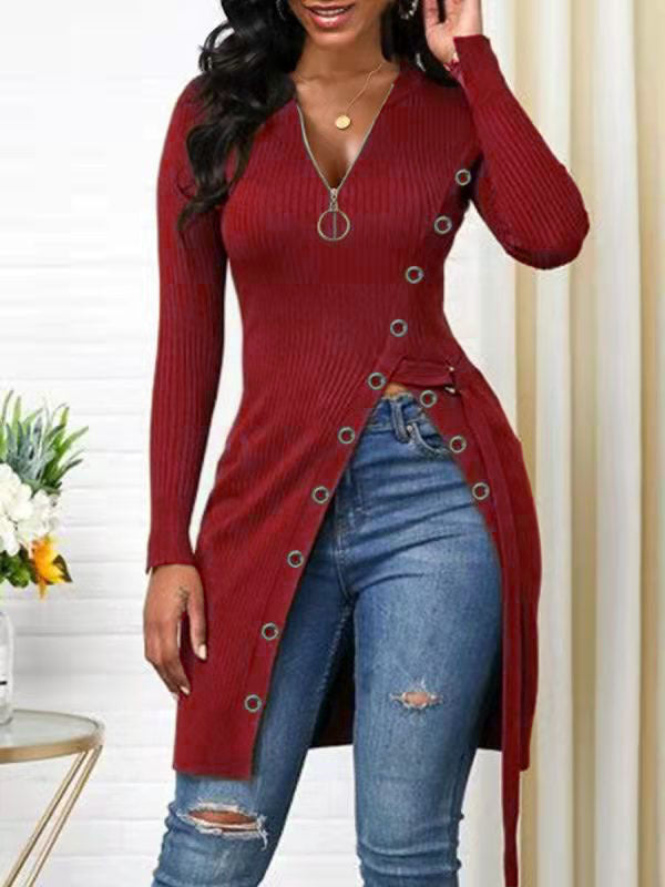 Women's V-neck Long Sleeve High Zipper T-shirt Blouses