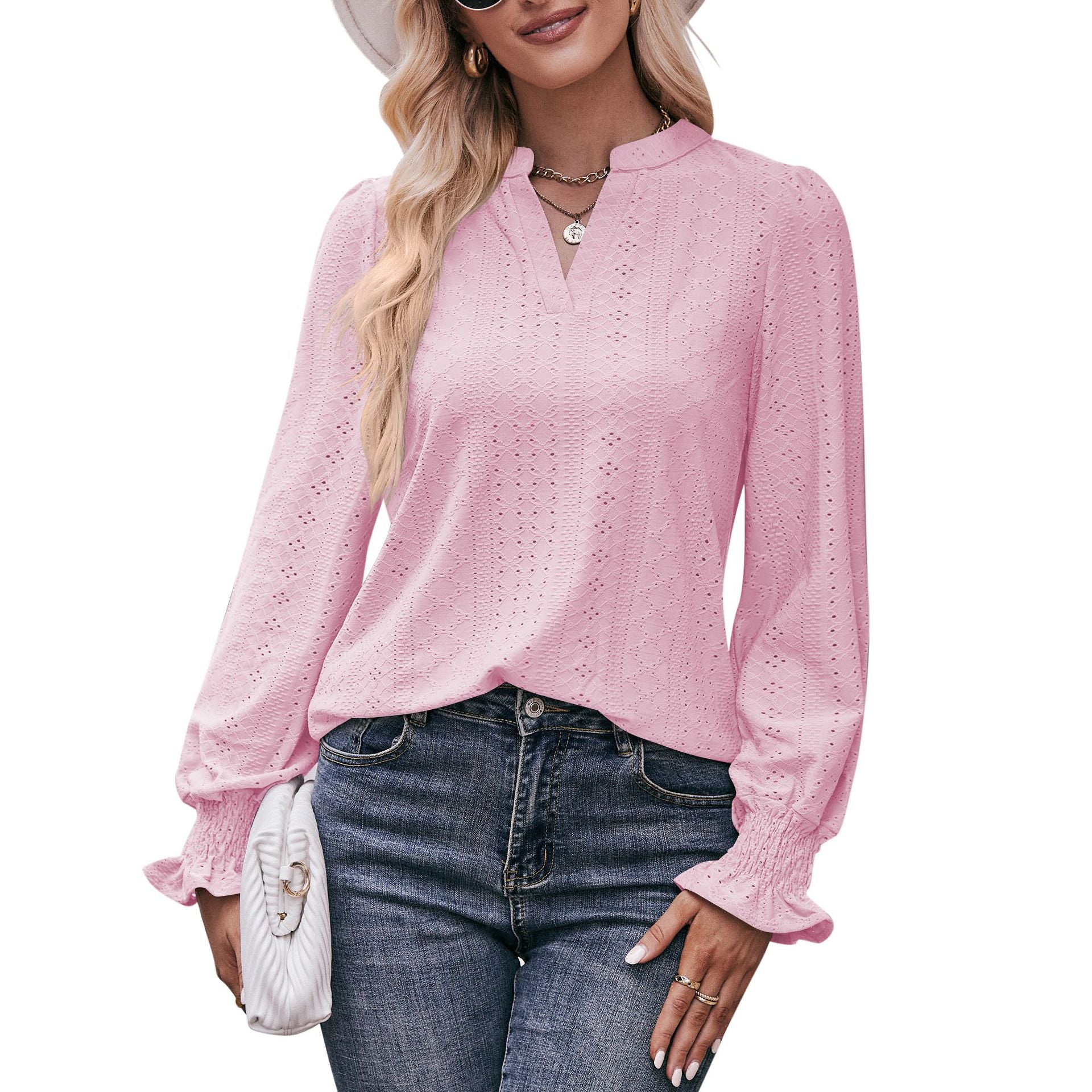 Women's Solid Color T-shirt Hole Long Sleeve Blouses