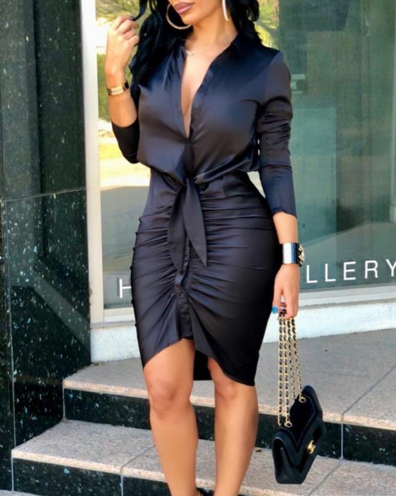 Women's Summer V-neck Lace-up Solid Color Long Sleeve Midi Dress Dresses