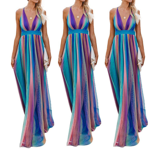 Female Sexy Suspenders Deep Rainbow Blue Print Mesh Camisole Chiffon Dresses