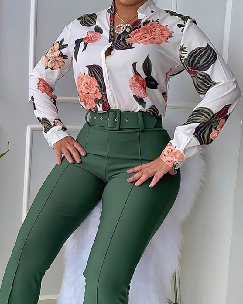 Casual Printed Collar Long Sleeve Shirt Wide Leg Two-piece Suits