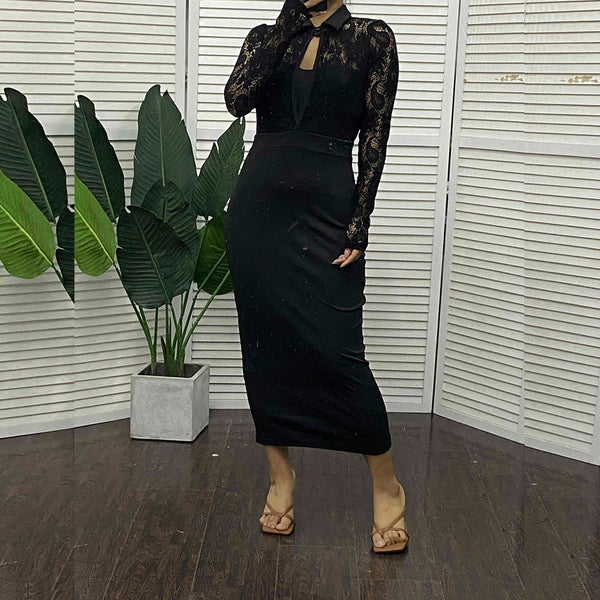 Women's Stitching Long-sleeved Tight Lapel Sheath Skirts