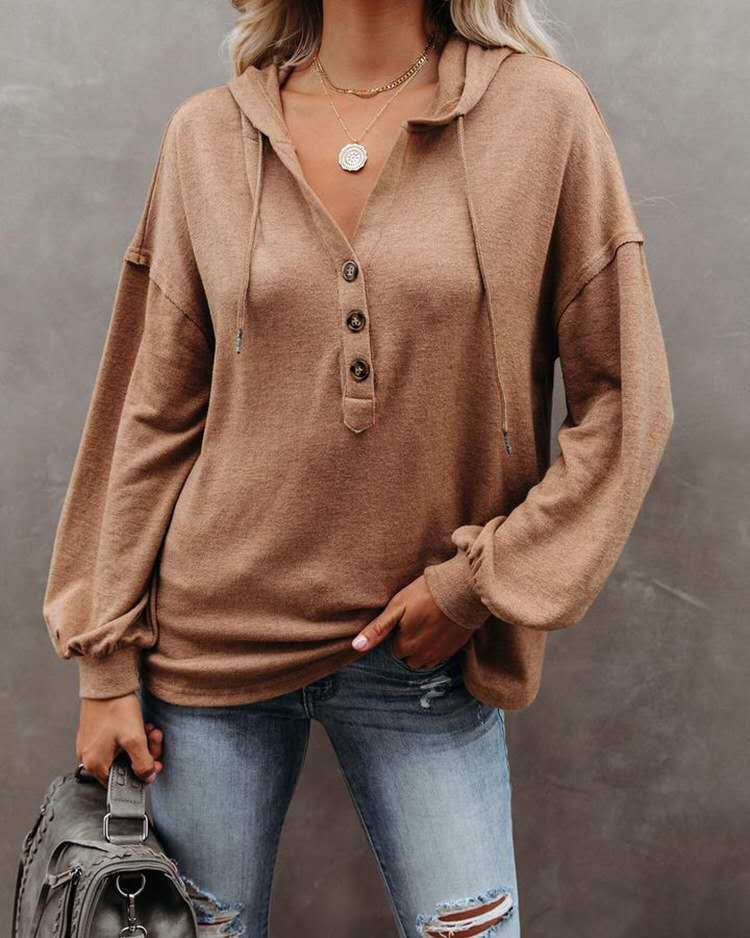 Women's Button Hoodie Casual Loose Solid Color Sweaters