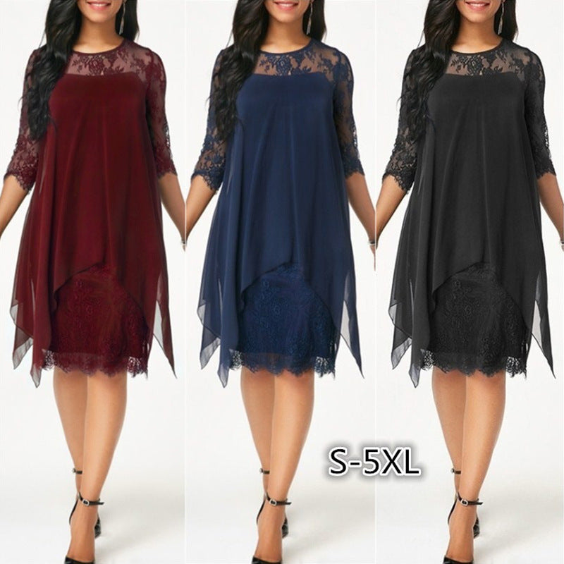 Lace Stitching Three-quarter Sleeve Mid-length Knee-length Dresses
