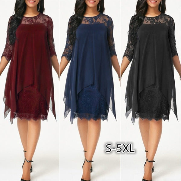 Lace Stitching Three-quarter Sleeve Mid-length Knee-length Dresses