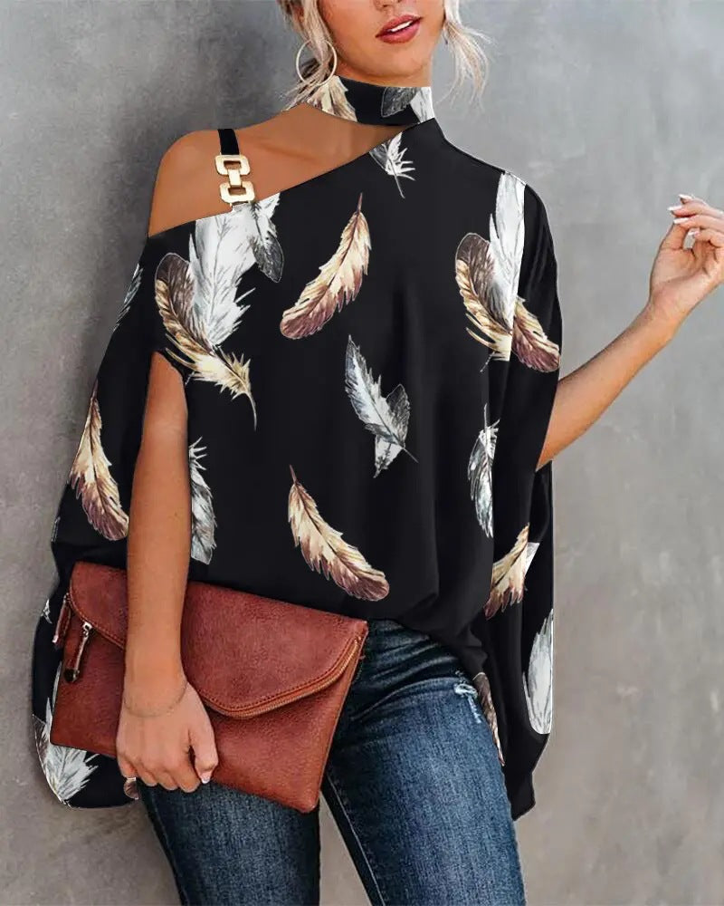 Women's Summer Halter Batwing Sleeve Printed Shirt Blouses