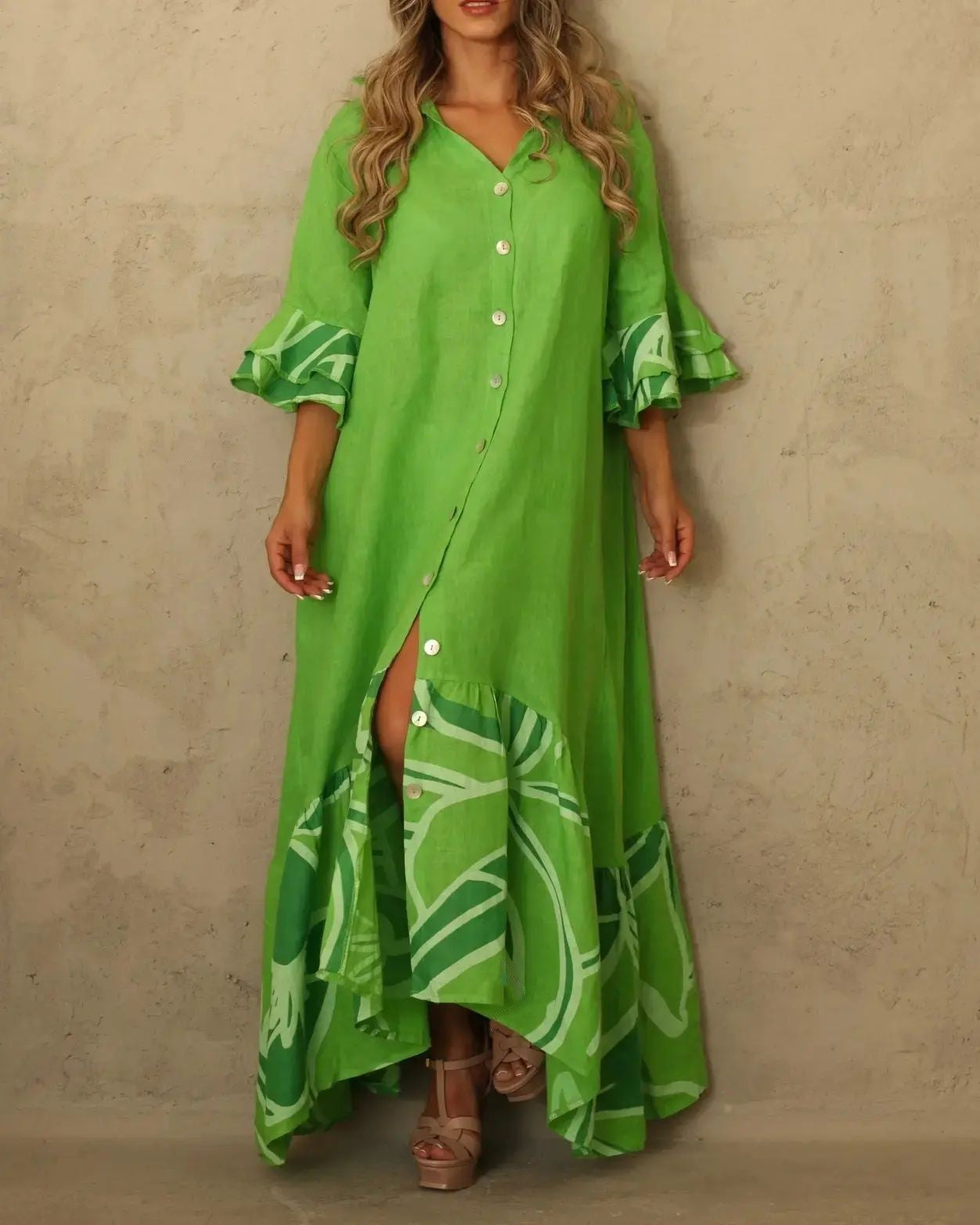 Stitching 7-point Sleeve Ruffled Long Shirt Dresses