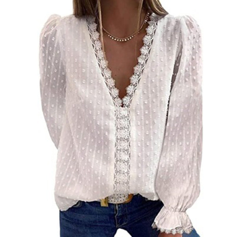 Deep V-neck Embroidered Ruffled Sleeves Front Blouses