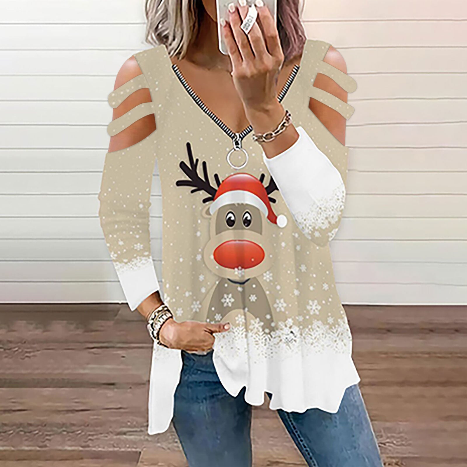 Christmas Elk Digital Printing Loose V-neck Long-sleeve Zipper Tops