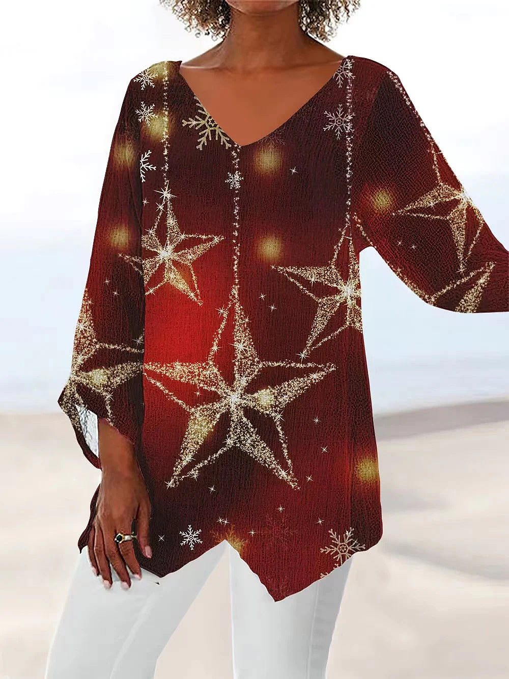 Women's Starry Sky Printed Long Sleeve V-neck Blouses