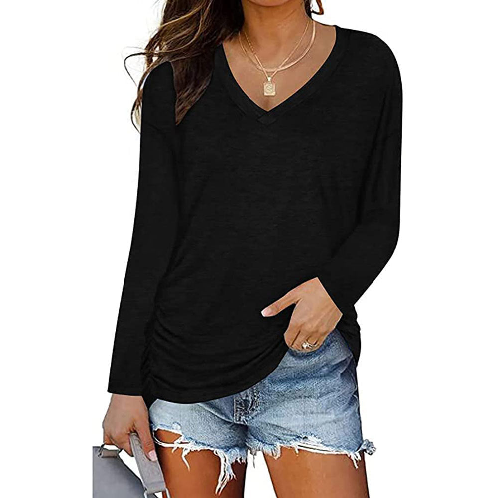 Women's V-neck Pleating Long Sleeve T-shirt Solid Color Blouses