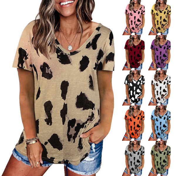 Women's Summer Leopard Print Loose Casual V-neck Sleeve Blouses