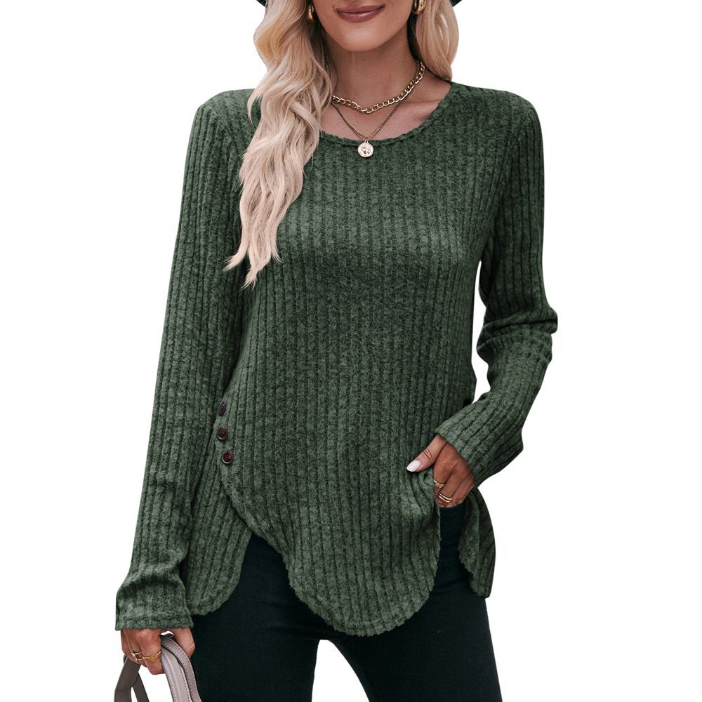 Women's Sunken Stripe Brushed Solid Color Long Sleeve Tops