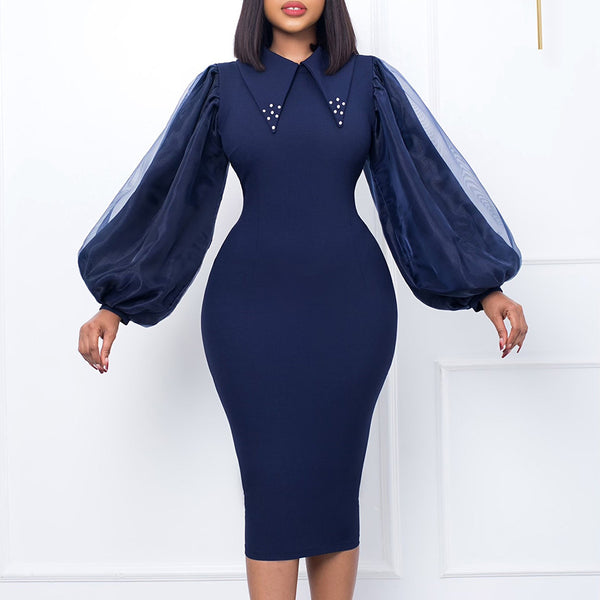 Women's Long Sleeve Beaded Mesh Stitching Pencil Dresses