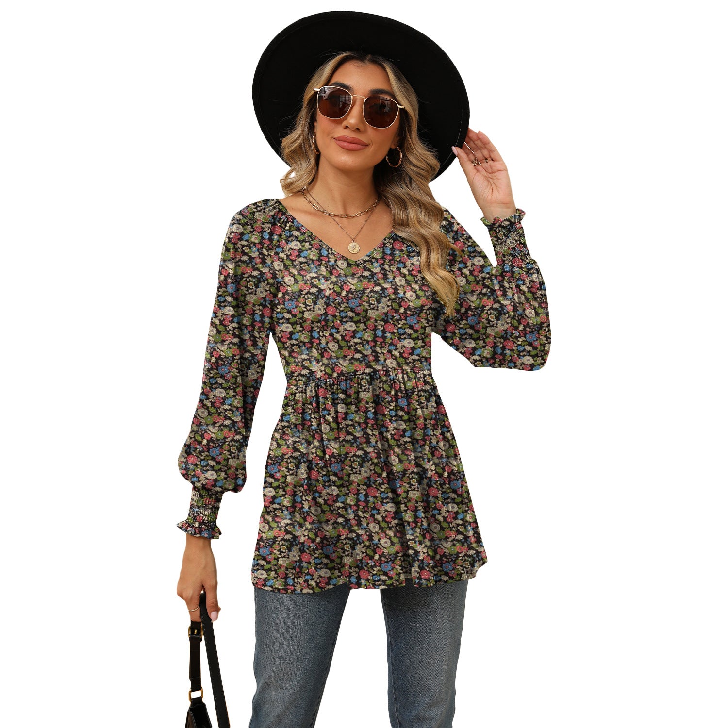 Women's Printed Bubble Long Sleeve Waist T-shirt Blouses