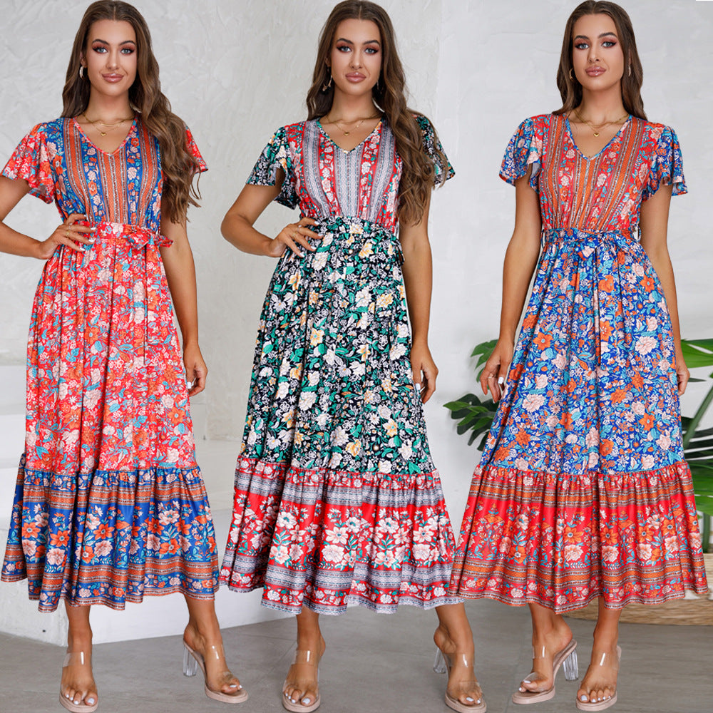 Women's Summer V-neck Ruffle Floral Print Long Dresses