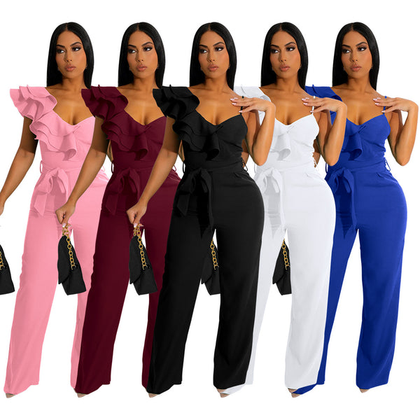 Women's Ruffles One-shoulder Sleeveless Waist Deep V Loose Solid Jumpsuits