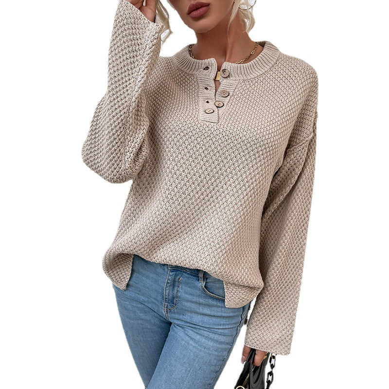Women's Round Neck Chest Buttons Knit Sweaters