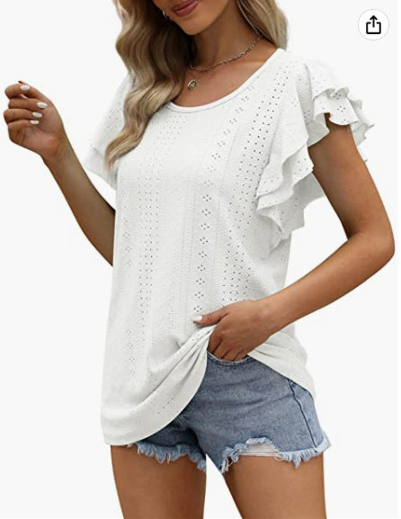 Women's Double-layer Ruffled Hollow-out Long Short-sleeved Blouses