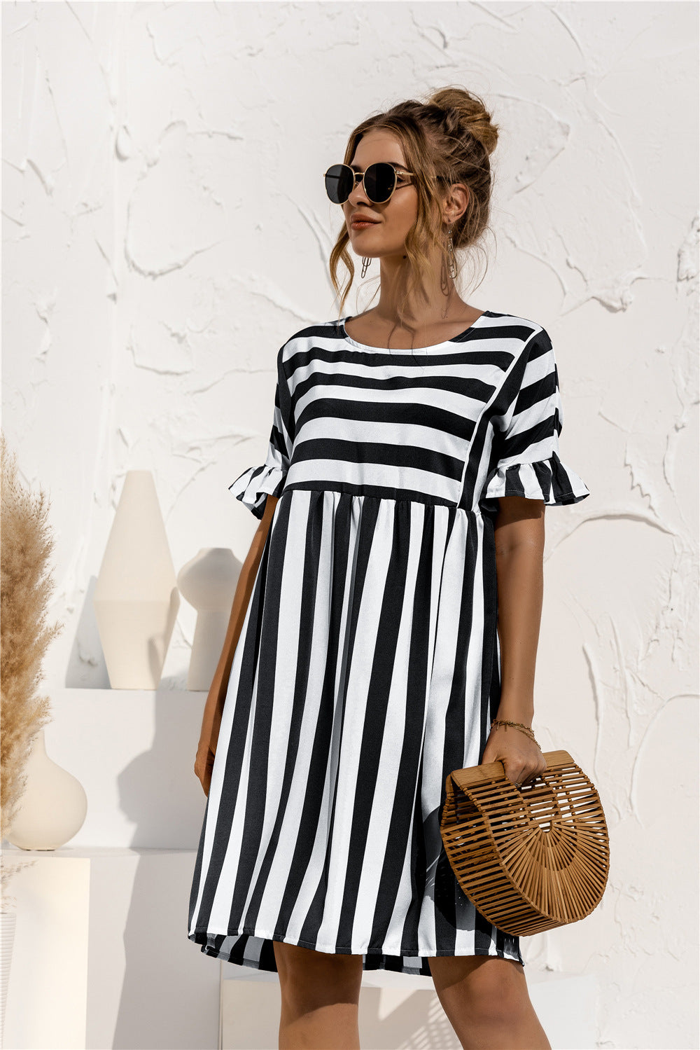 Women's Sleeves Striped Stitching Color Pocket Loose Dresses