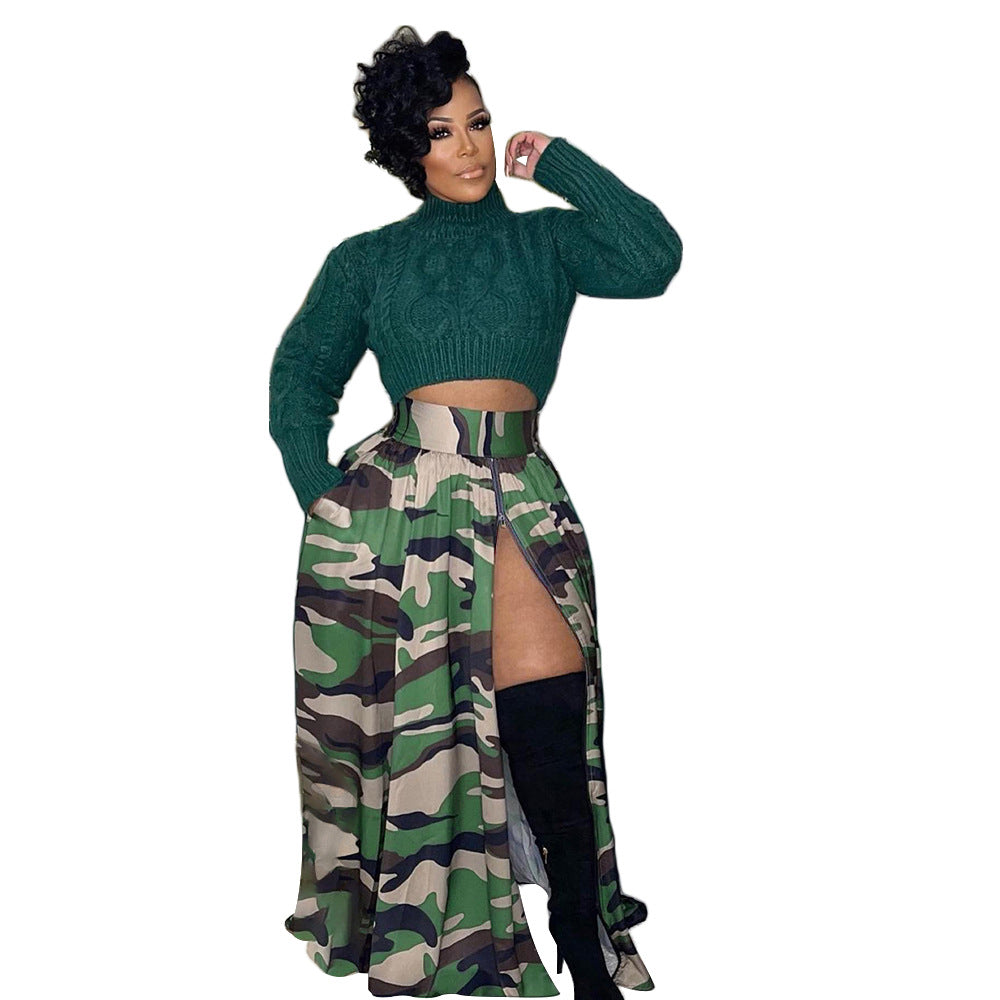 Women's Camouflage Printed Zipper Split Elastic Waist Skirts