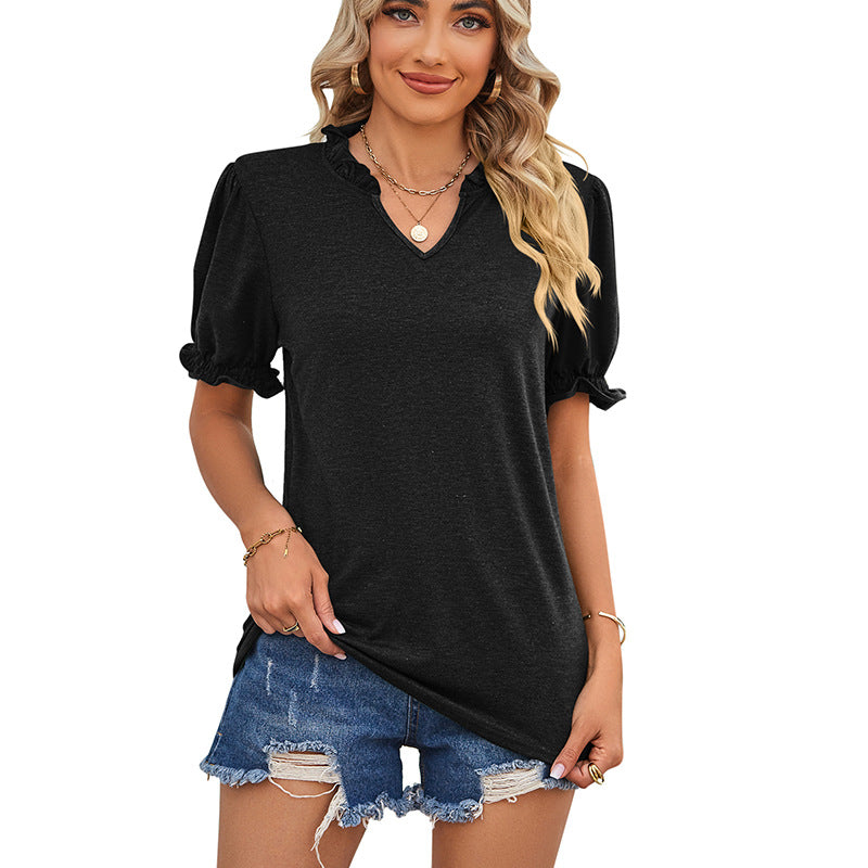 Women's Short-sleeved With Wooden Ear Solid Color Blouses