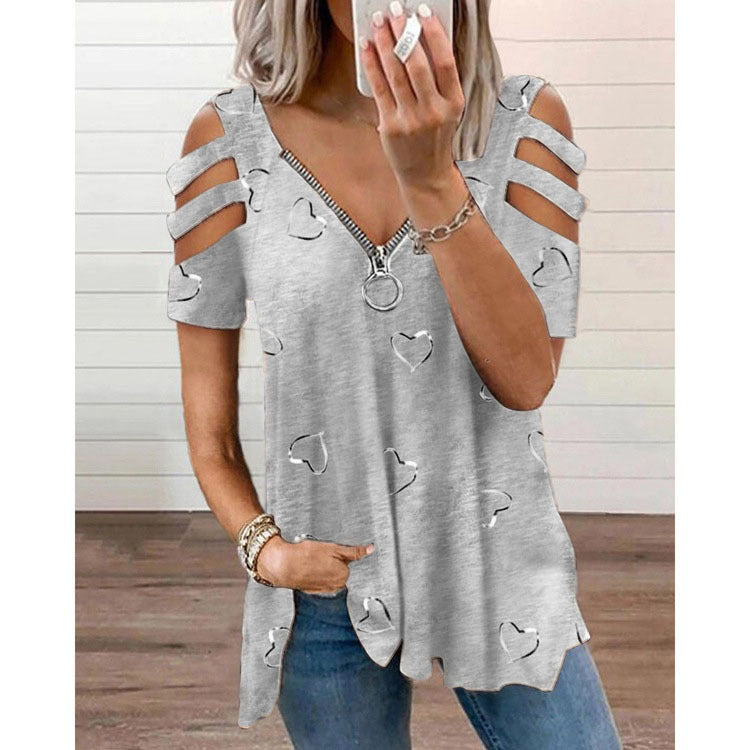 Women's Collar Zipper Print Sleeve Loose-fitting Blouses