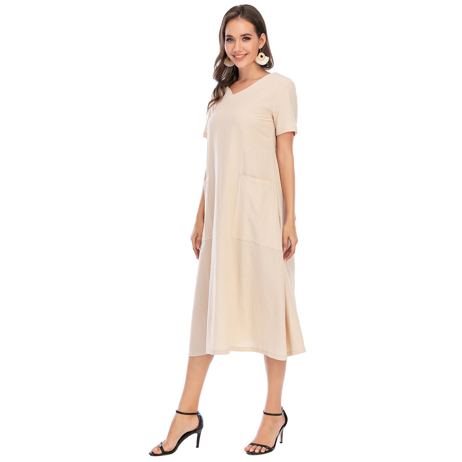 Women's Creative Spring Artistic Retro Cotton Linen V-neck Dresses