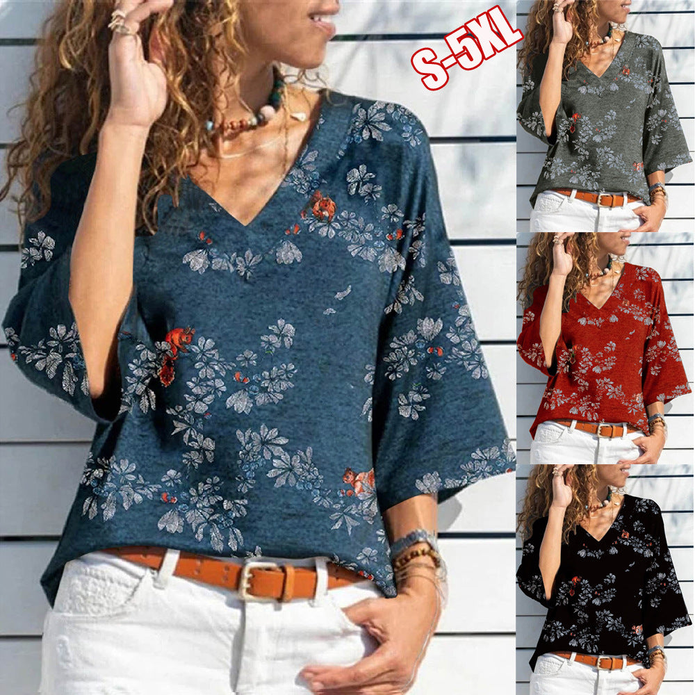Women's Autumn Sleeve V-neck Printed Casual Loose-fitting Blouses