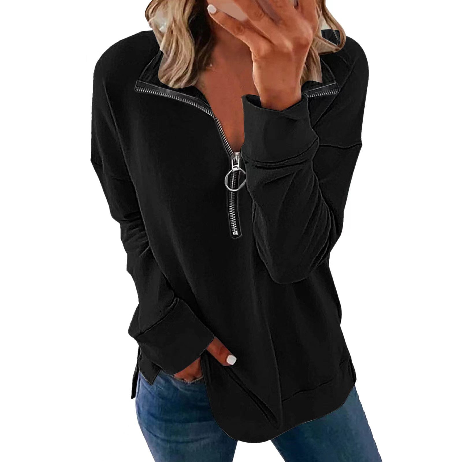 Women's Lapel Zipper Personality Solid Color Long-sleeved Sweaters