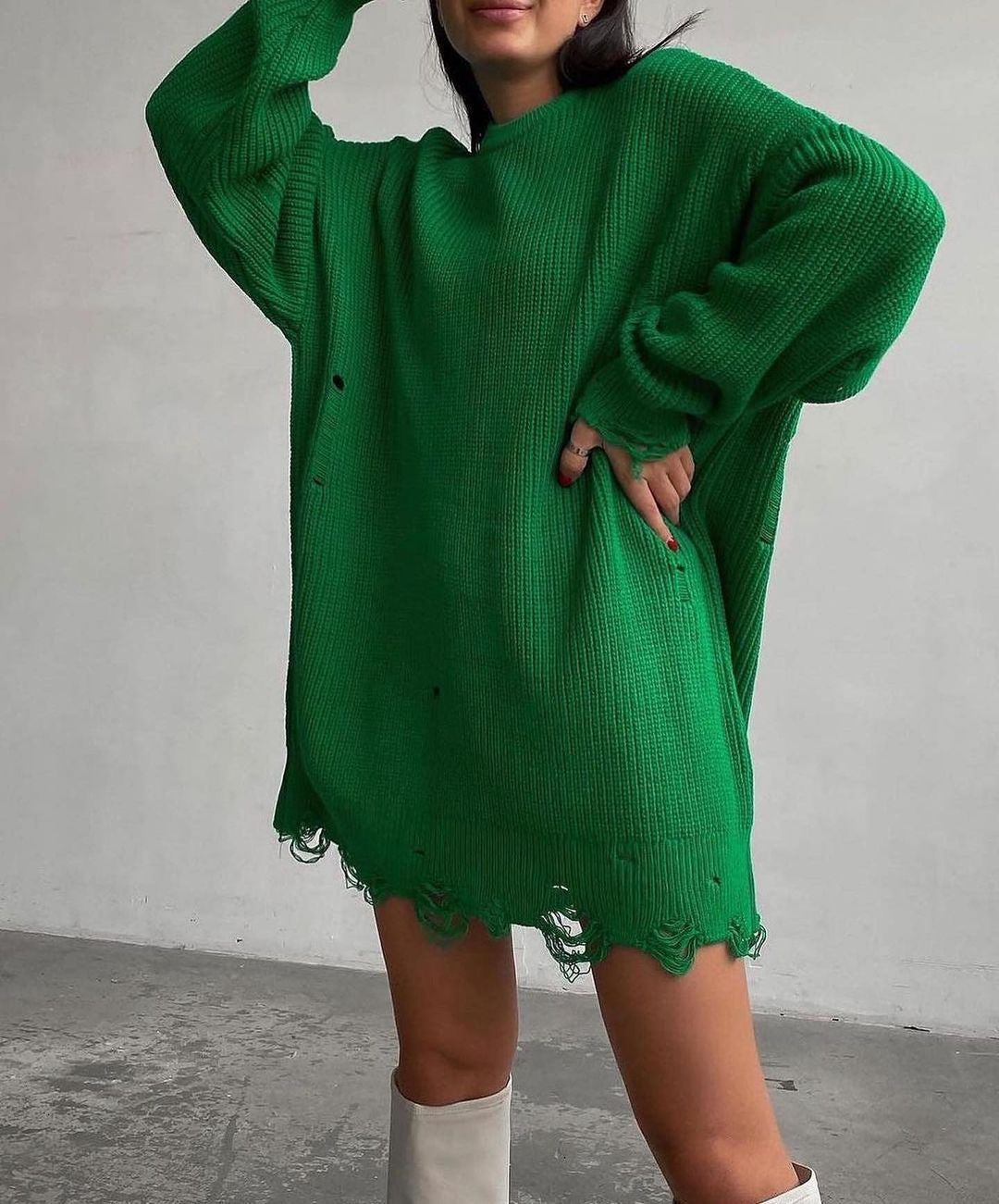 Knitted Round Neck Loose Hole Mid-length Sweaters