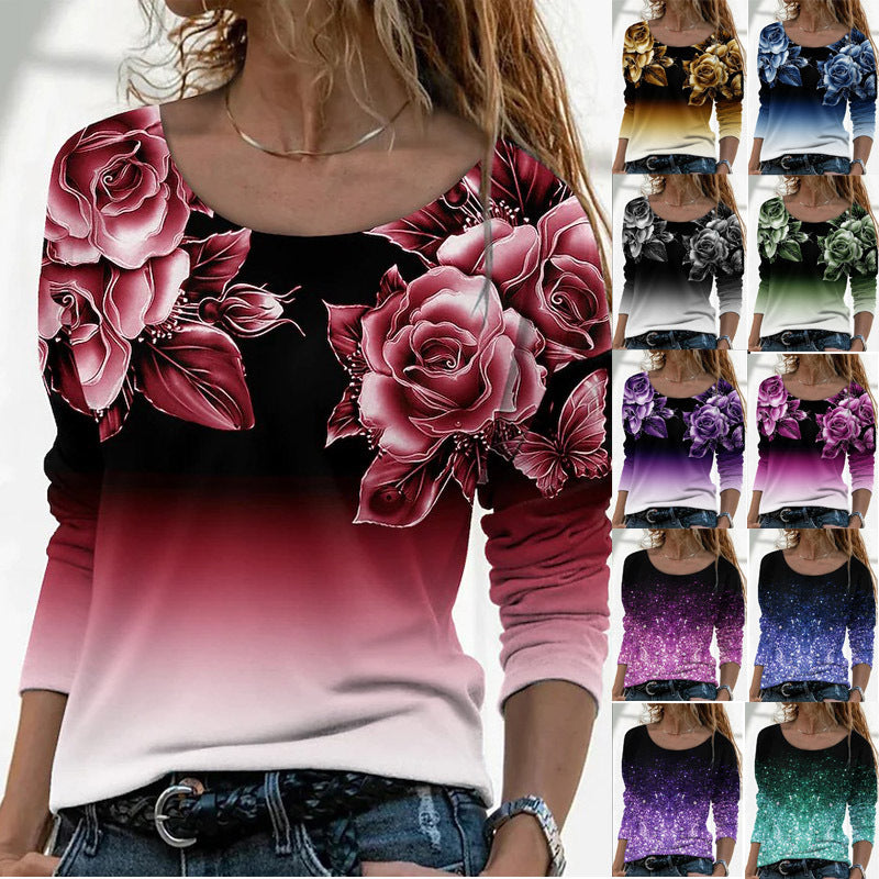 Women's Sleeve Loose Neck Casual Pullover Print Blouses