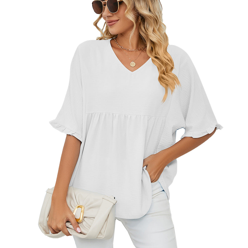 Women's Color V-neck Loose Pleated Stitching Half Blouses