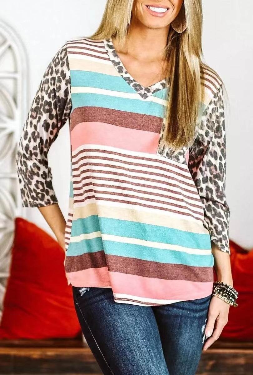 Women's Casual Striped Pocket 7-point Sleeve Clothing