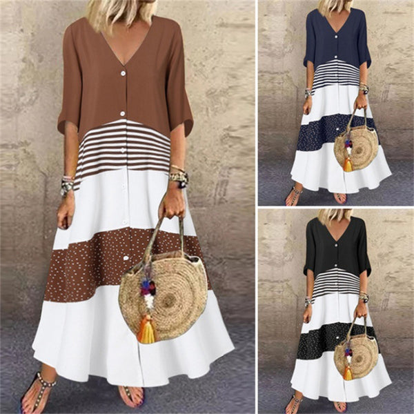 Summer V-neck Sleeve Printed Long Button Dresses