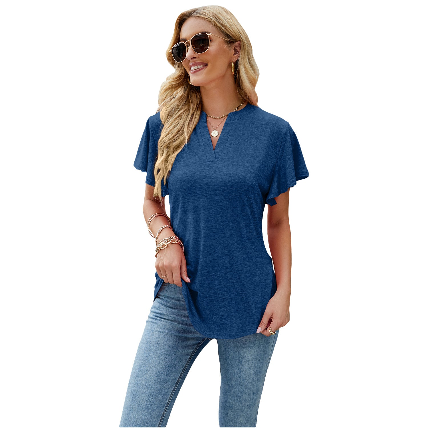 Women's Summer V-neck Ruffled Sleeve Dovetail Short-sleeved Blouses