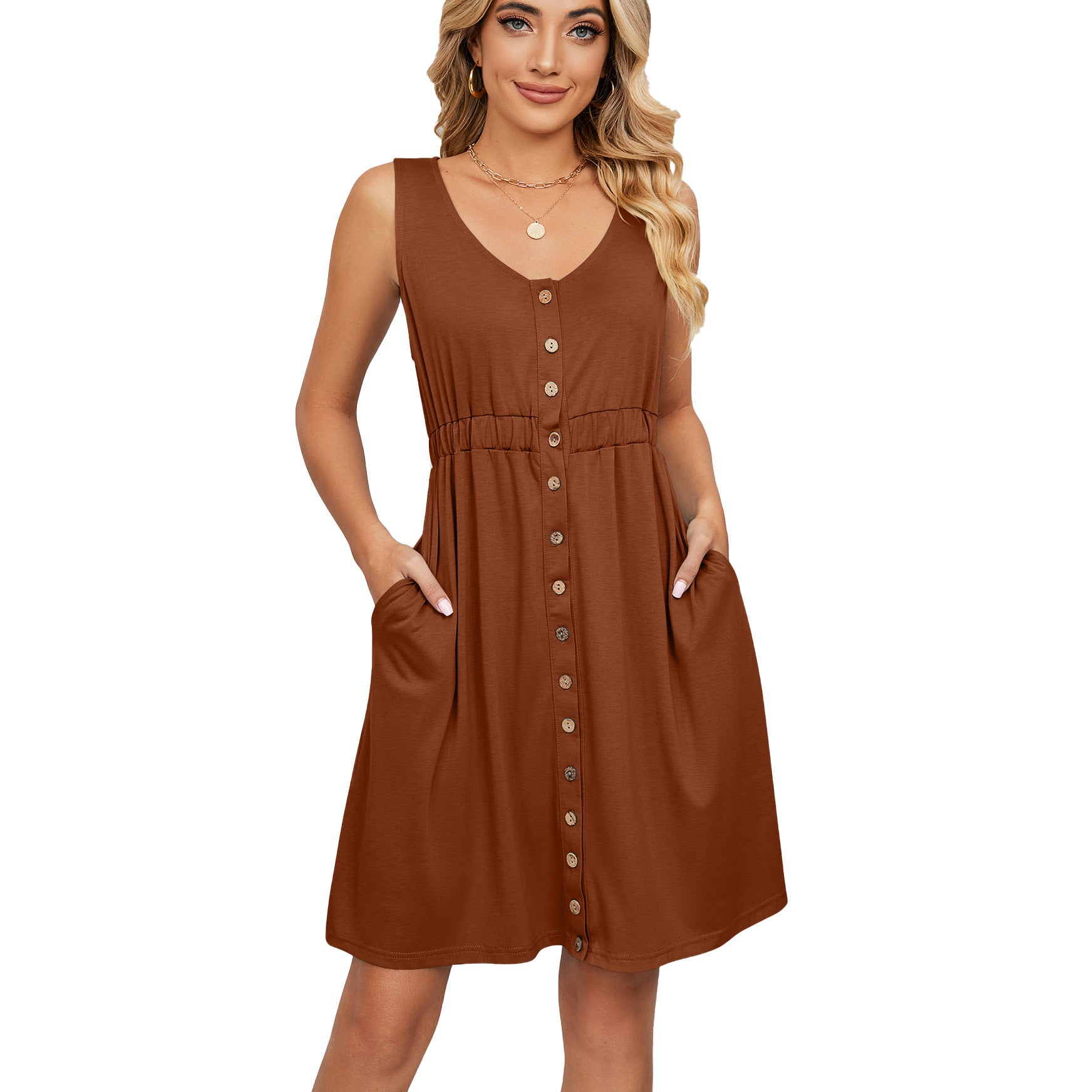 Solid Color Sleeveless Button Pocket Crew Dresses