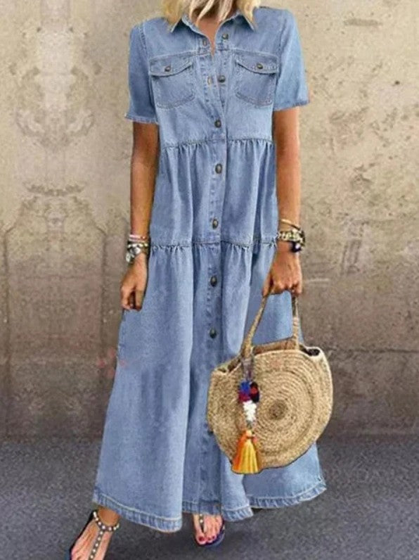 Robe longue en jean élégante à plusieurs boutons pour femmes