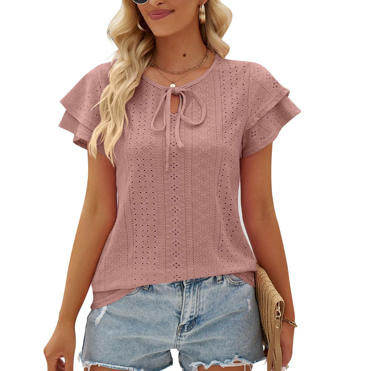 Women's Summer Hole Hollow-out Lace-up Double-layer Sleeve Blouses