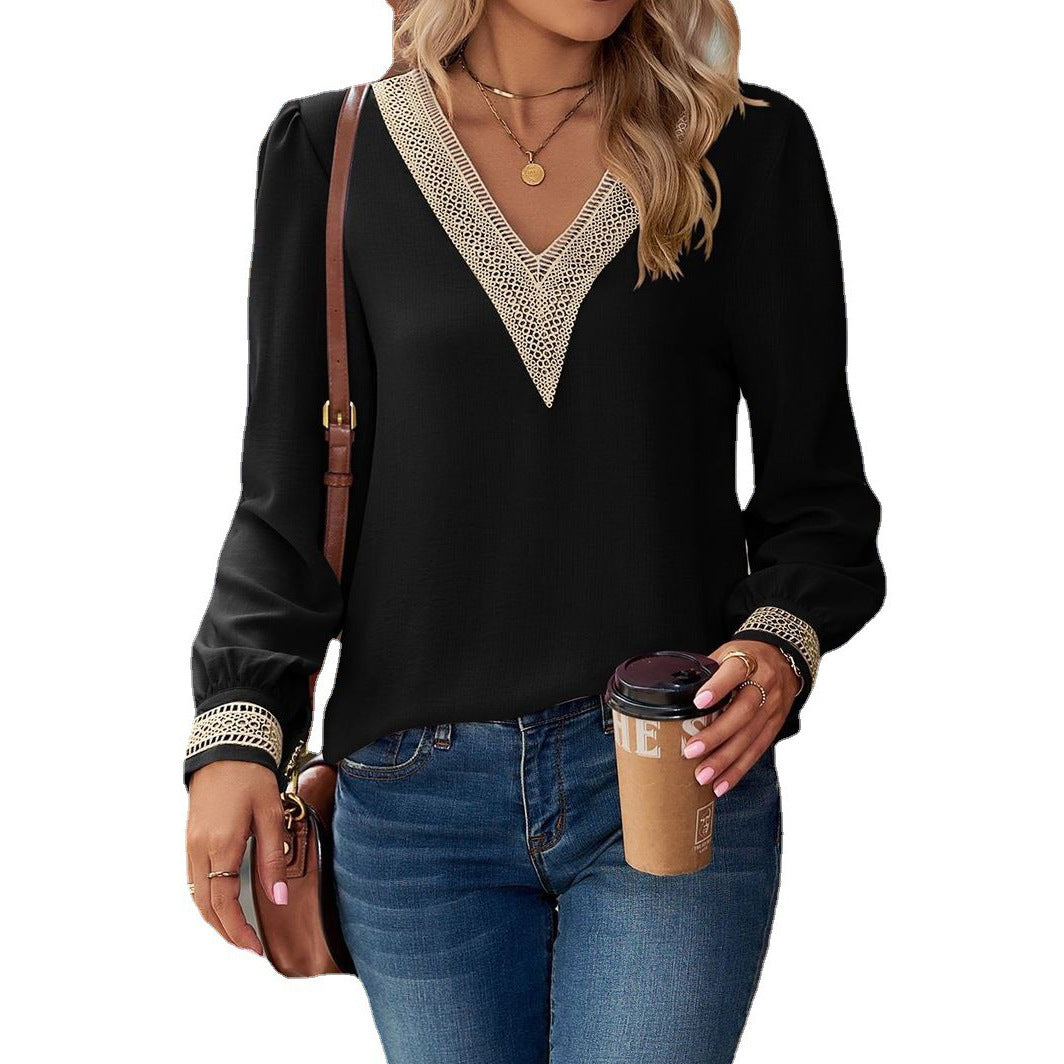 Women's Solid Color V-neck Long Sleeve Loose Ruffled Stitching Blouses