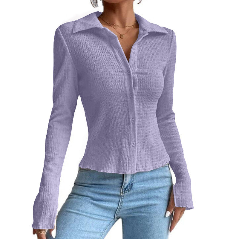 Women's Solid Color Stitching Sleeve Button Lapel Blouses