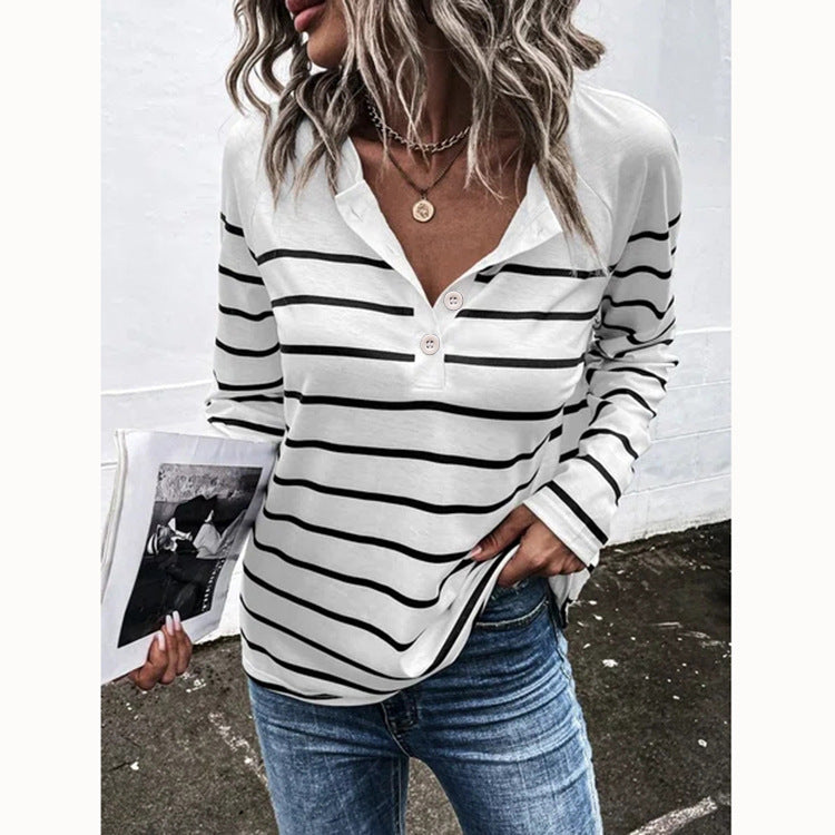 Women's Striped Round Neck Button Casual Loose Long Sleeve Blouses