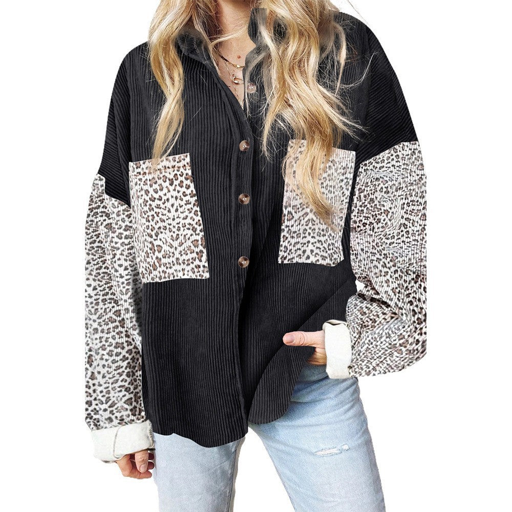 Women's Leopard Print Shirt Lapel Sunken Stripe Coats