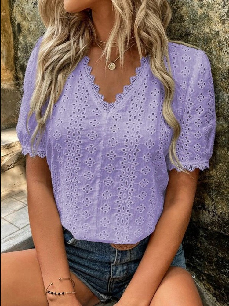 Summer Solid Color Sleeve Hollow Shirt Blouses