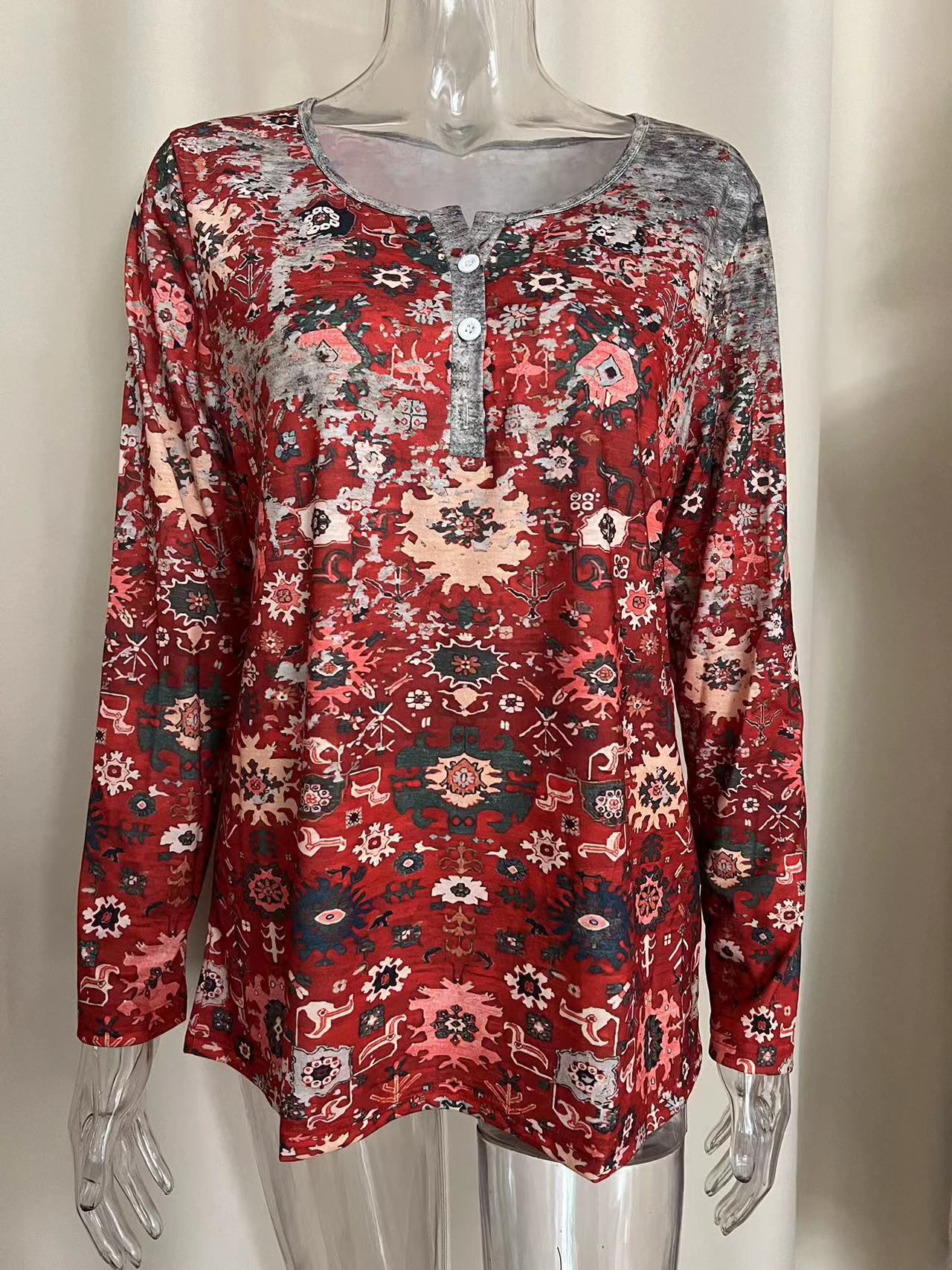 Women's Casual Loose Long-sleeved Geometric Floral Button Blouses