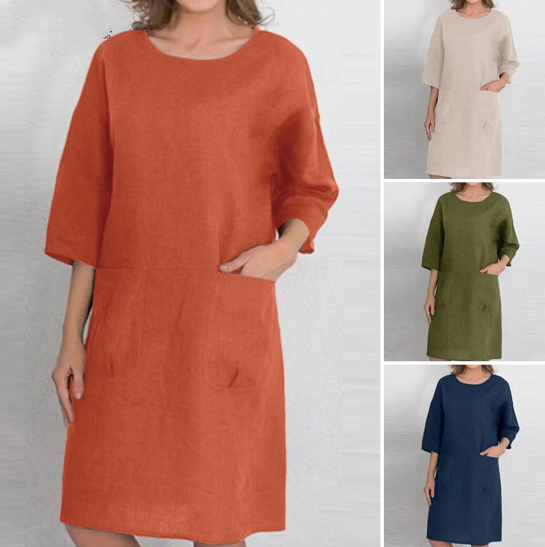 Robes couleur pour femmes, col rond, pull, poches, demi-manches, longueur aux genoux