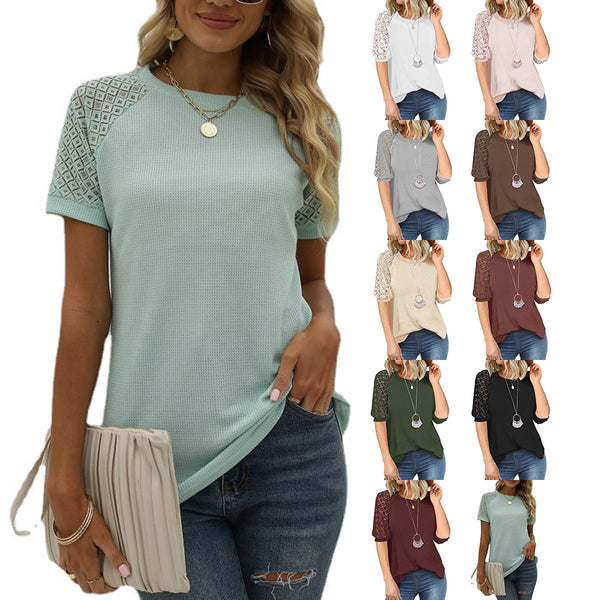 Women's Waffle Stitching Round Neck Short-sleeved Blouses