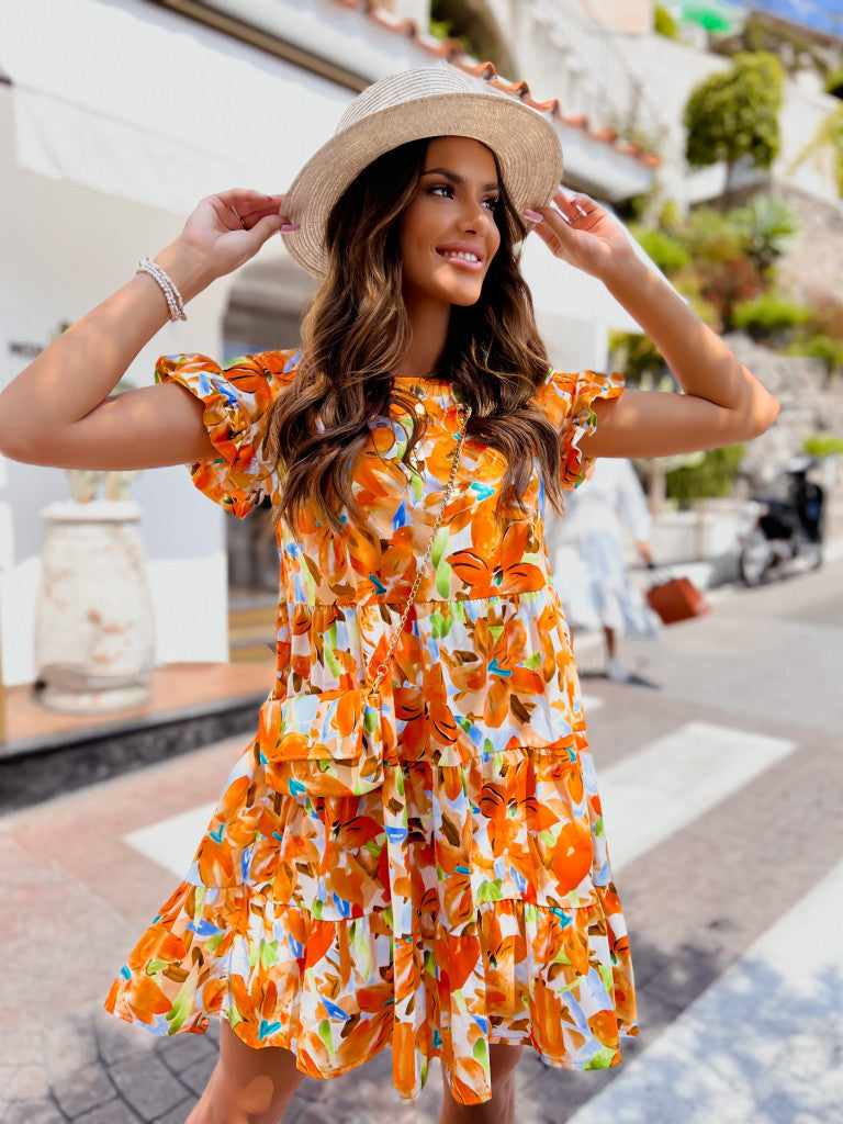 Summer Bell Sleeve Round Neck Printed Irregular Hem Dresses