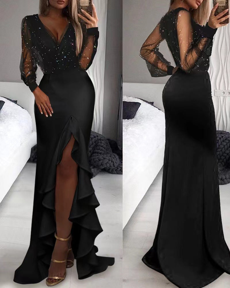 Black Art Mesh Sequins Temperament Commute Maxi Dresses